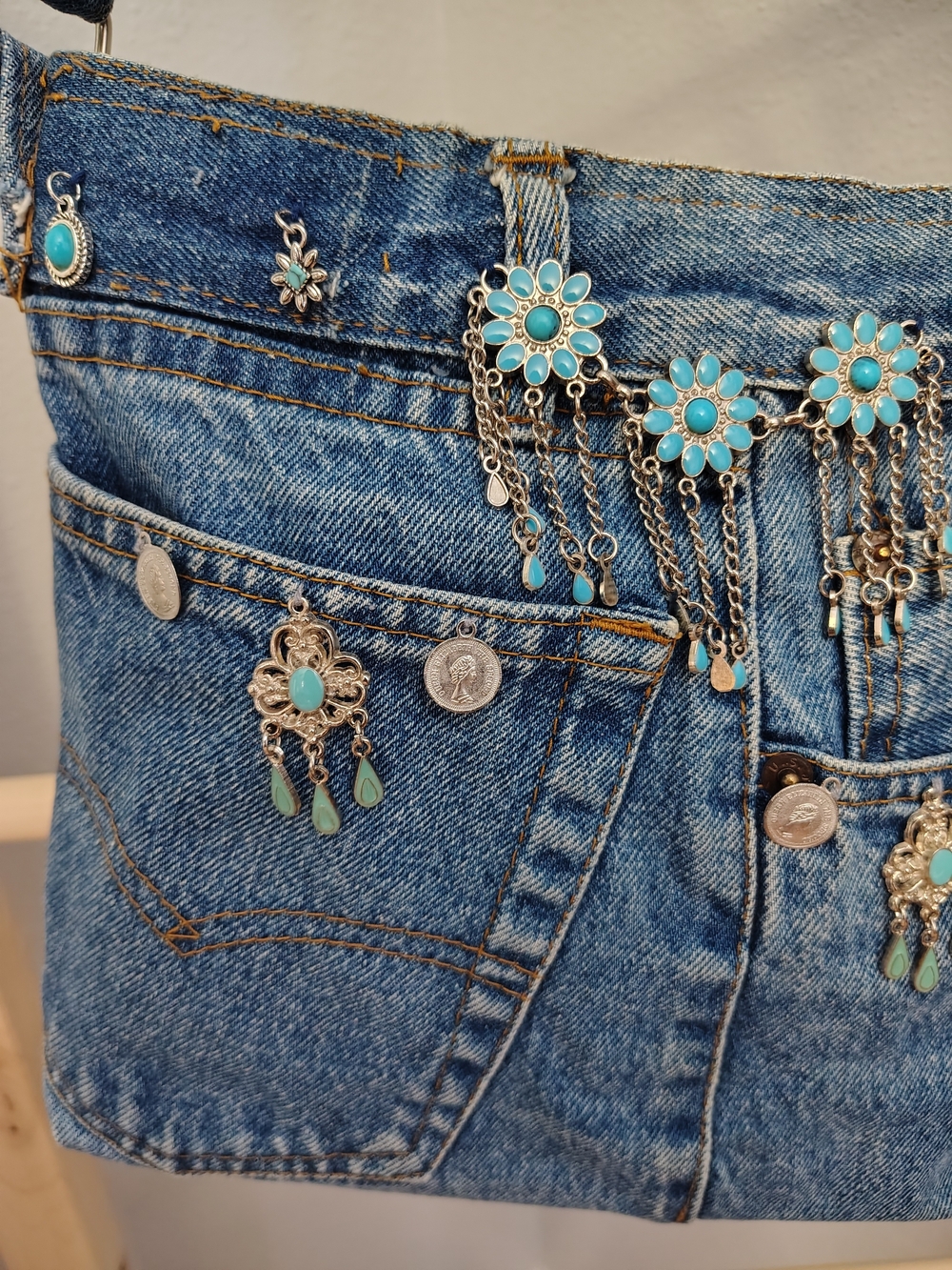 Handmade Y2k Boho Western Denim Crossbody Shoulder Bag with Bead Accents - Blue - Picture 6 of 14